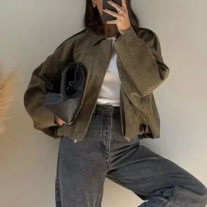HH Women Brown Green Suede Jacket Loose Casual Bomber Coat Lapel Zipper Long Sleeve Jackets Vintage Lady Motorcycle Outwears