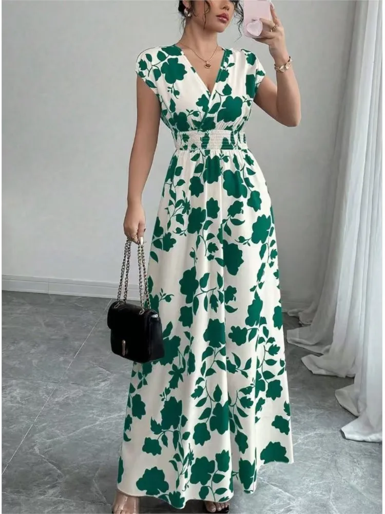 Summer Fashion Floral Printed Short Sleeve Maxi Dress Elegant Women's V-neck High-waisted Casual Loose Beach Long Dresses Robe - Image 6