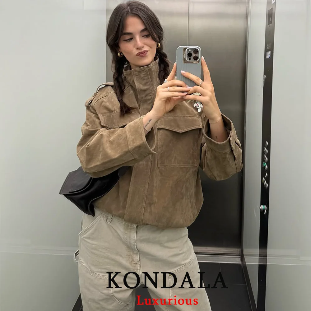 KONDALA Chic Suede Women Bomber Jacket Women Long Sleeve Pockets Straight Loose Coat Fashion 2025 Fall Winter Streetwear Outwear - Image 4