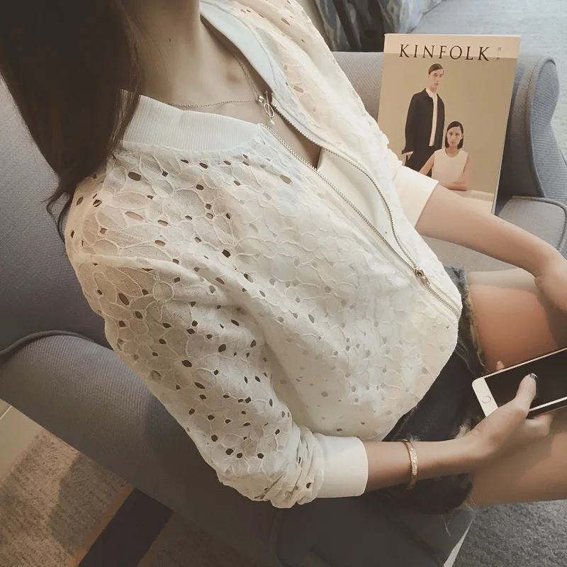 Women Spring/Autumn Cotton Lace Hollow Out Sport Jacket Long Sleeve Thin Sunscreen Outerwear Short Style Breathable Bomber Coats - Image 4