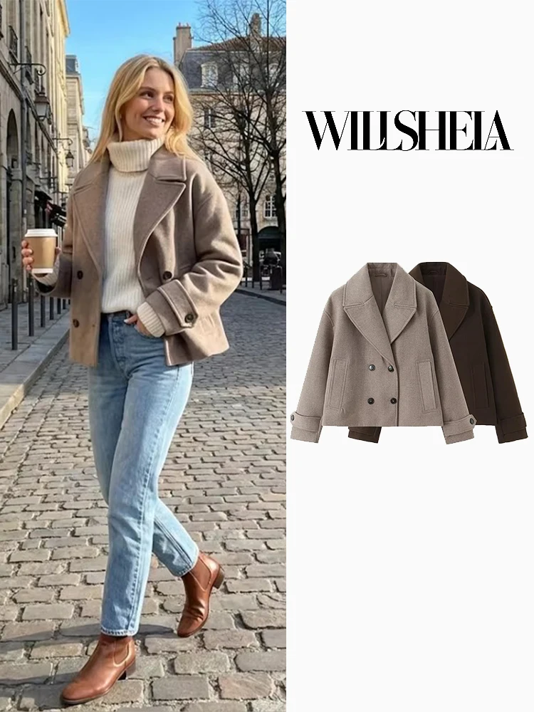 Willshela Women Fashion Solid Double Breasted Trench Jackets Vintage Lapel Neck Long Sleeves Female Chic Lady Outfits - Image 2