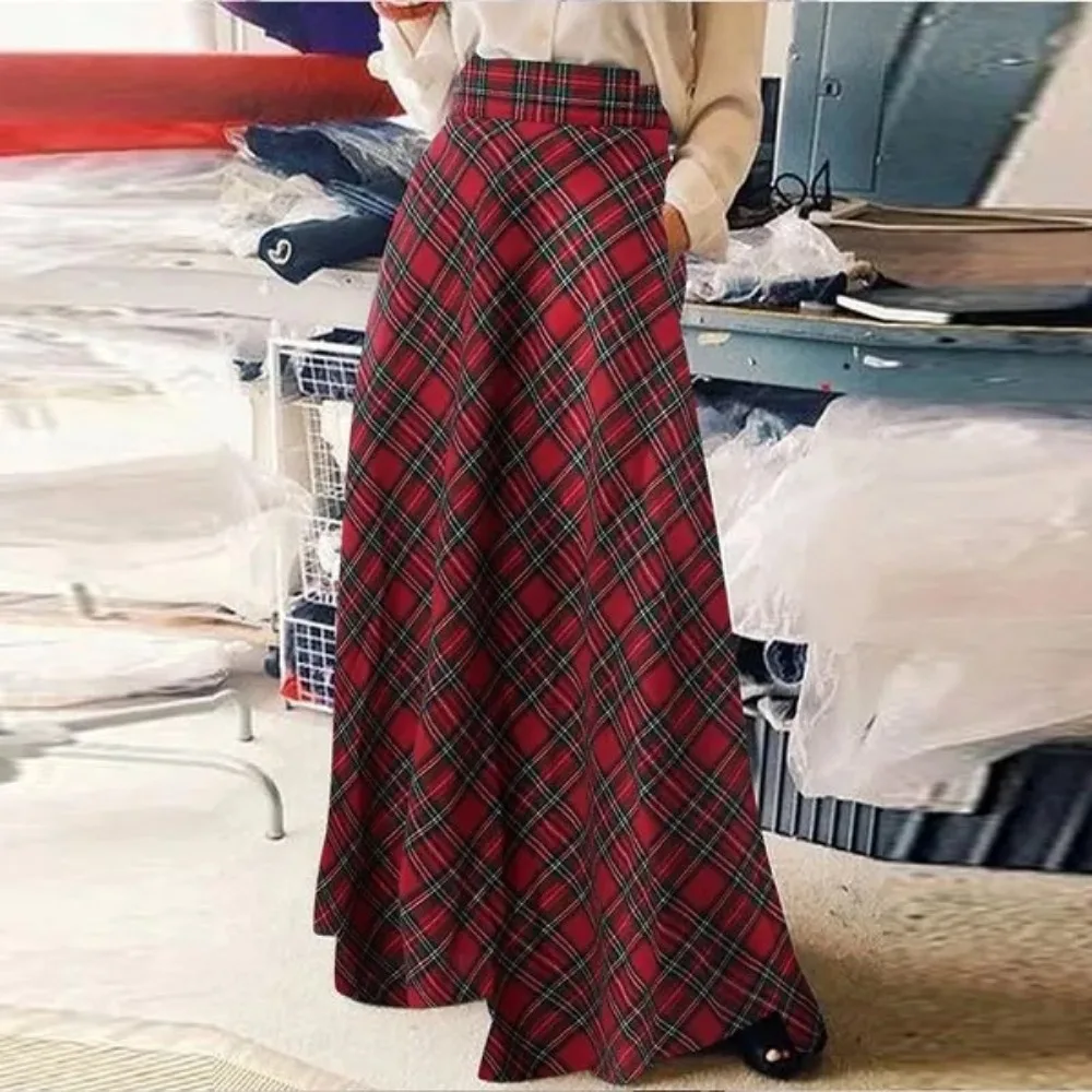 Women's High Waisted Plaid Maxi Skirt Casual Loose A-Line Long Skirt Elegant Checkered Swing Skirt with Pockets - Image 2