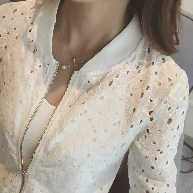 Women Spring/Autumn Cotton Lace Hollow Out Sport Jacket Long Sleeve Thin Sunscreen Outerwear Short Style Breathable Bomber Coats - Image 2