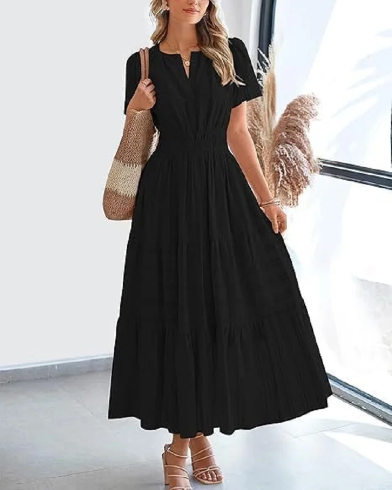 Summer Solid Color V-neck Tight Waist Dress French Style Elegant Pleated Large Swing Long Dress Casual Vacation Style Slimming M - Image 2