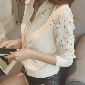 Women Spring/Autumn Cotton Lace Hollow Out Sport Jacket Long Sleeve Thin Sunscreen Outerwear Short Style Breathable Bomber Coats