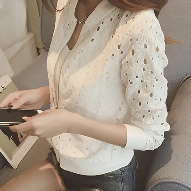 Women Spring/Autumn Cotton Lace Hollow Out Sport Jacket Long Sleeve Thin Sunscreen Outerwear Short Style Breathable Bomber Coats
