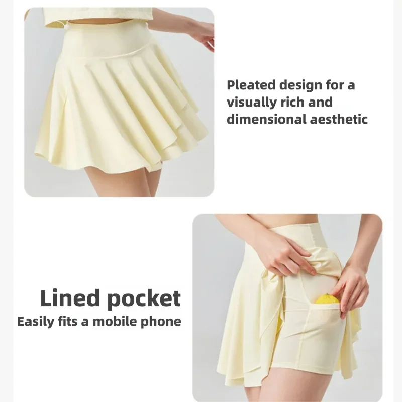 2026 new high-waist pleated women's tennis skirt, quick-dry short skirt with built-in shorts, sports fitness yoga running skirt - Image 4