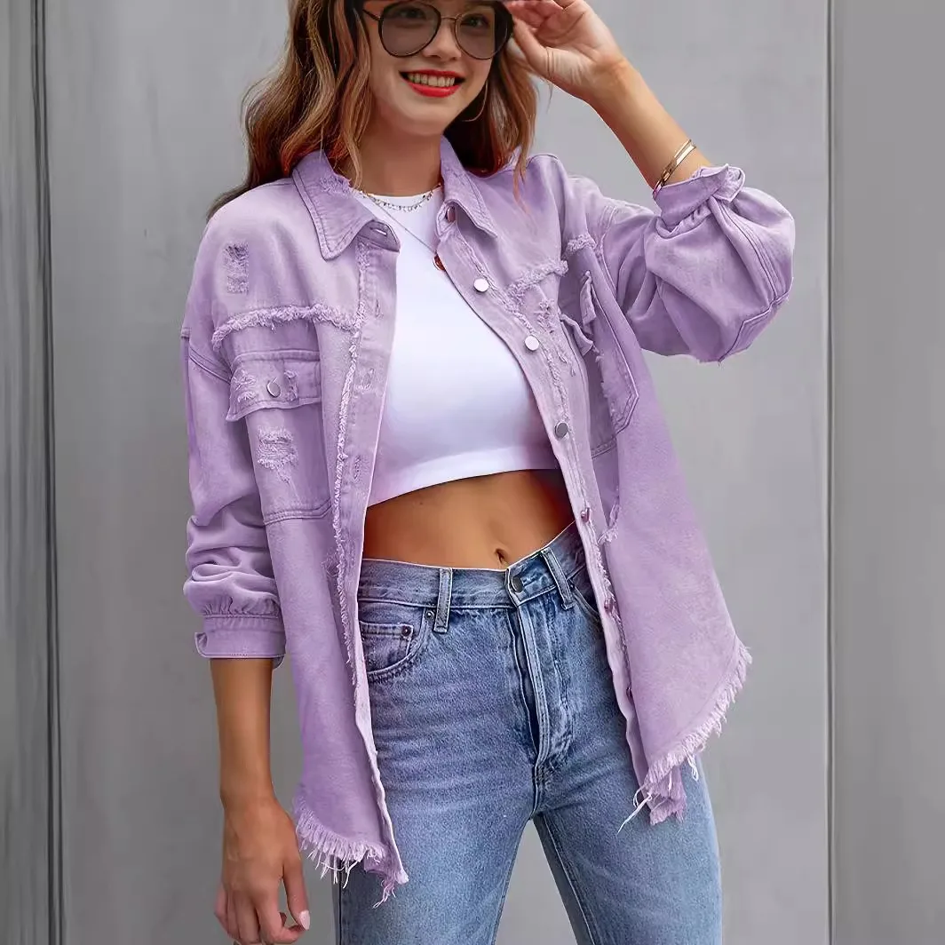 New Solid Colour Mid-length Hole Long-Sleeved Denim Jacket Denim Jacket Women - Image 3