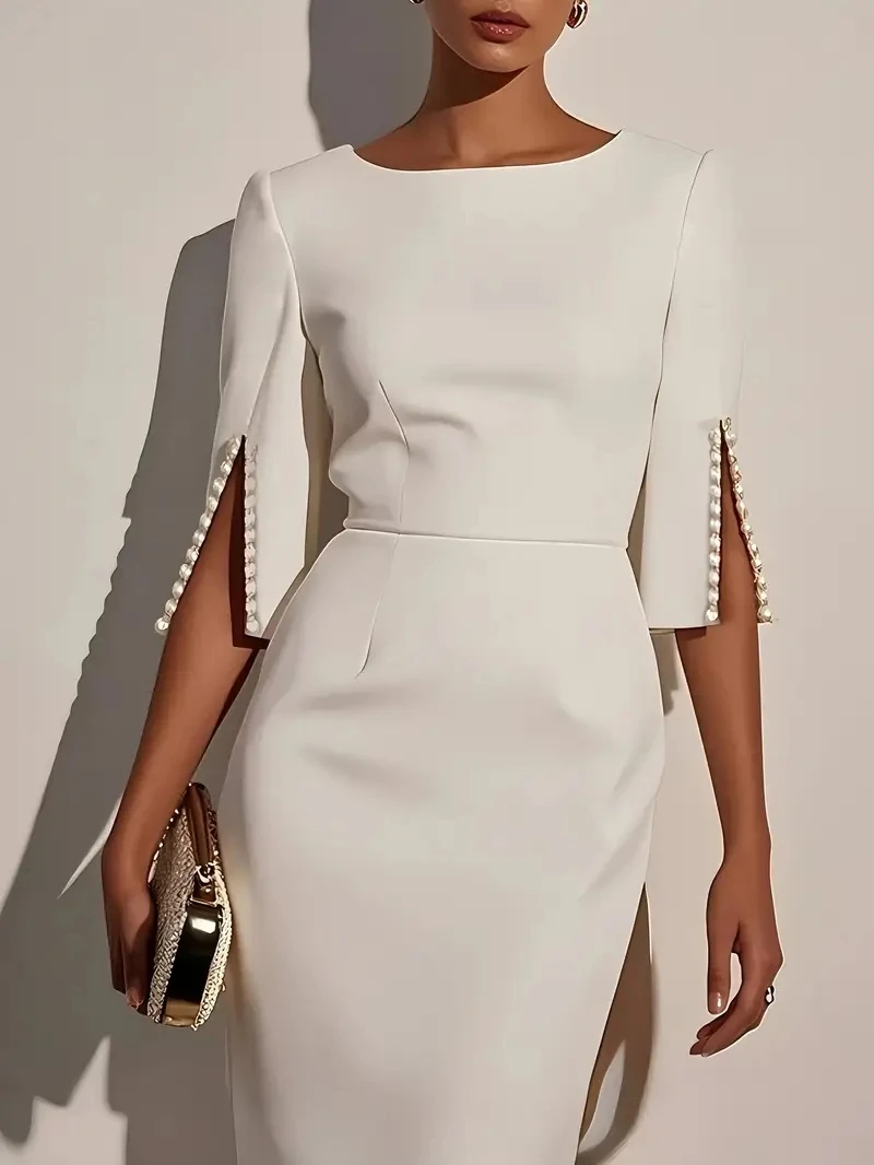 Women's Solid Color Pencil Midi Dress - Pearl Embellished Half Sleeve O-Neck Elegant Office Wear - Image 3