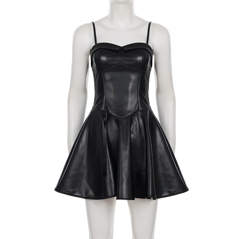 SUCHCUTE Sexy Black Pu Leather A Line Dress Women's Spaghetti Strap Sleeveless Party Club Dress Elegant Outfits Coquette 2026 - Image 5