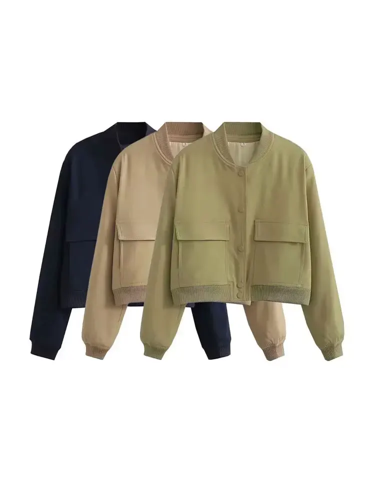 Women Fashion With Pockets Bomber Jacket Coats Vintage Long Sleeve Front Button Casual Female Outerwear Chic Tops - Image 6