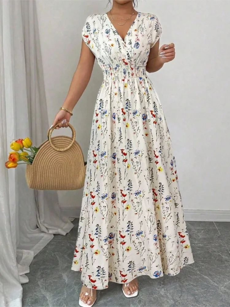 Summer Fashion Floral Printed Short Sleeve Maxi Dress Elegant Women's V-neck High-waisted Casual Loose Beach Long Dresses Robe - Image 4