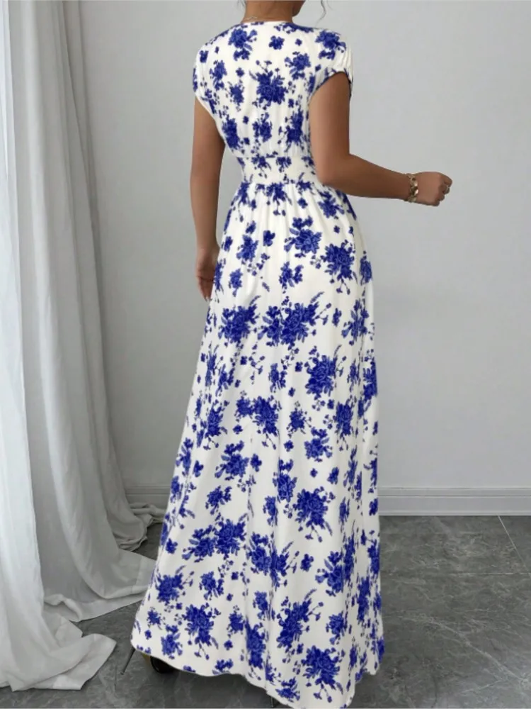 Summer Fashion Floral Printed Short Sleeve Maxi Dress Elegant Women's V-neck High-waisted Casual Loose Beach Long Dresses Robe - Image 2