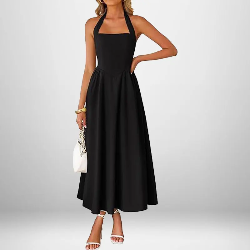 2025 Summer New Women Long Dress Elegant Solid Color Square Collar Sleeveless Waist Hanging Neck Backless Long Evening Gown