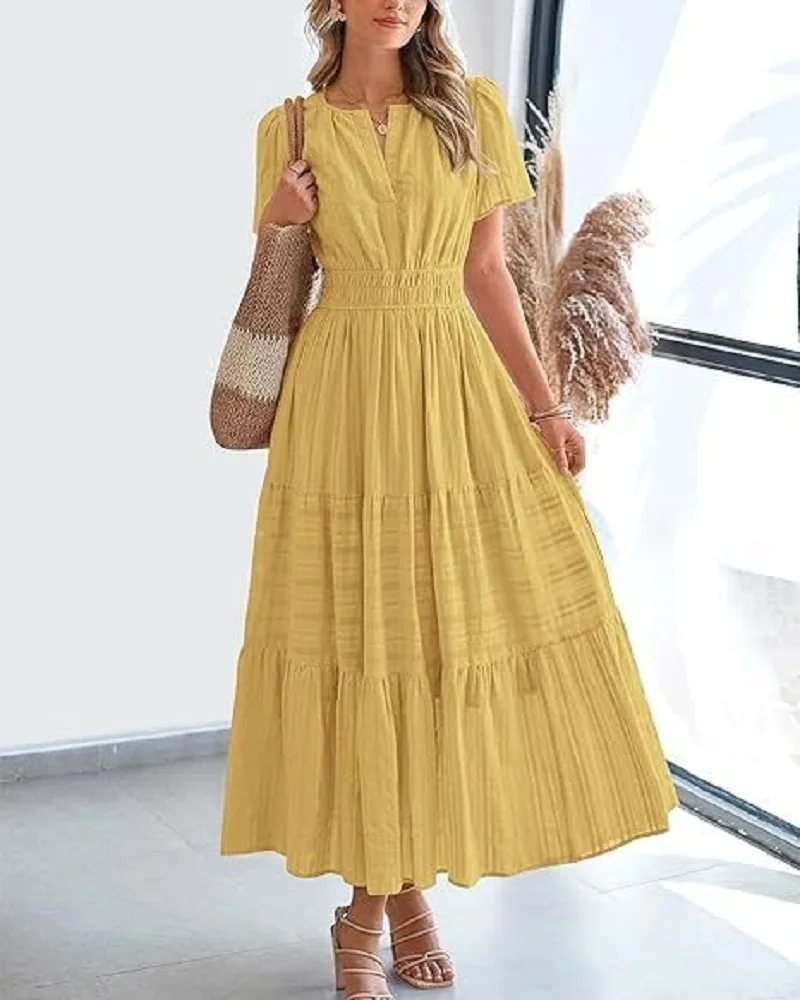 Summer Solid Color V-neck Tight Waist Dress French Style Elegant Pleated Large Swing Long Dress Casual Vacation Style Slimming M - Image 5