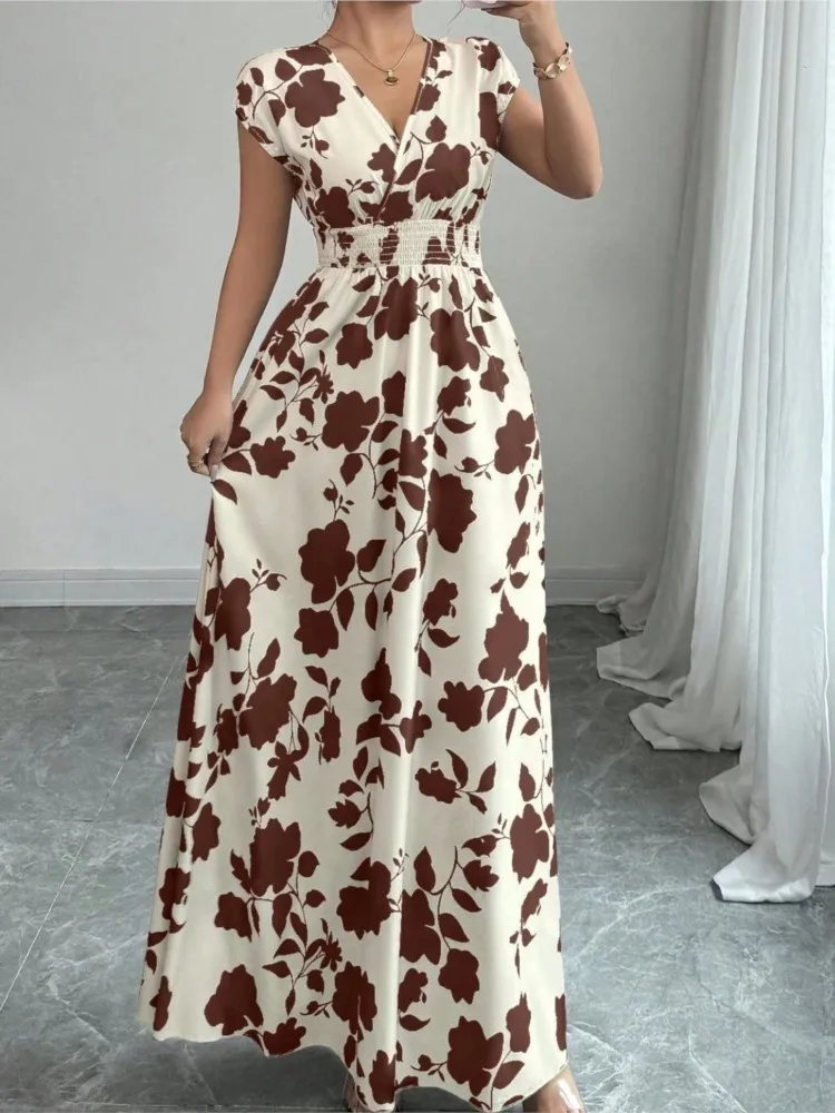 Summer Fashion Floral Printed Short Sleeve Maxi Dress Elegant Women's V-neck High-waisted Casual Loose Beach Long Dresses Robe - Image 3