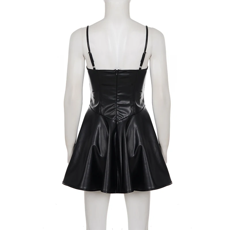 SUCHCUTE Sexy Black Pu Leather A Line Dress Women's Spaghetti Strap Sleeveless Party Club Dress Elegant Outfits Coquette 2026 - Image 6