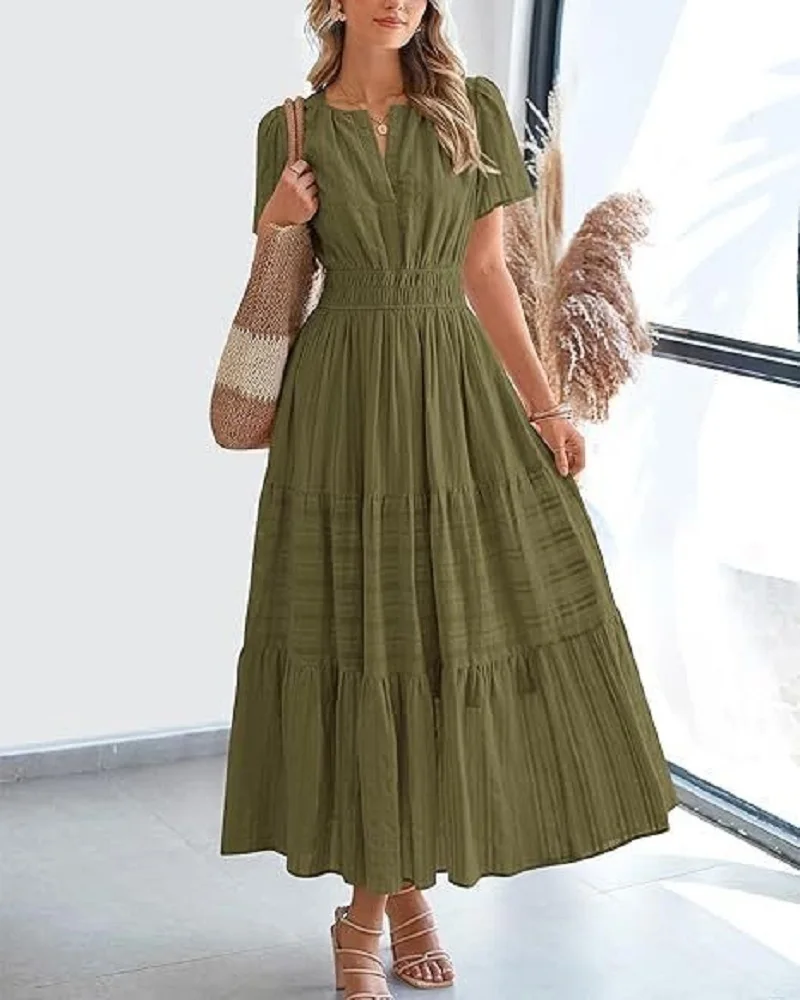 Summer Solid Color V-neck Tight Waist Dress French Style Elegant Pleated Large Swing Long Dress Casual Vacation Style Slimming M - Image 6
