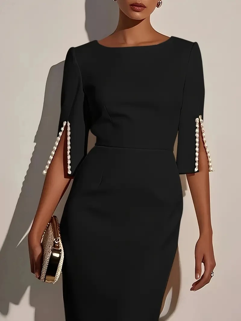 Women's Solid Color Pencil Midi Dress - Pearl Embellished Half Sleeve O-Neck Elegant Office Wear - Image 4