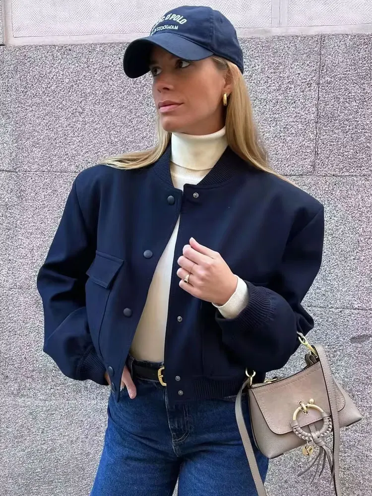 Women Fashion With Pockets Bomber Jacket Coats Vintage Long Sleeve Front Button Casual Female Outerwear Chic Tops - Image 3
