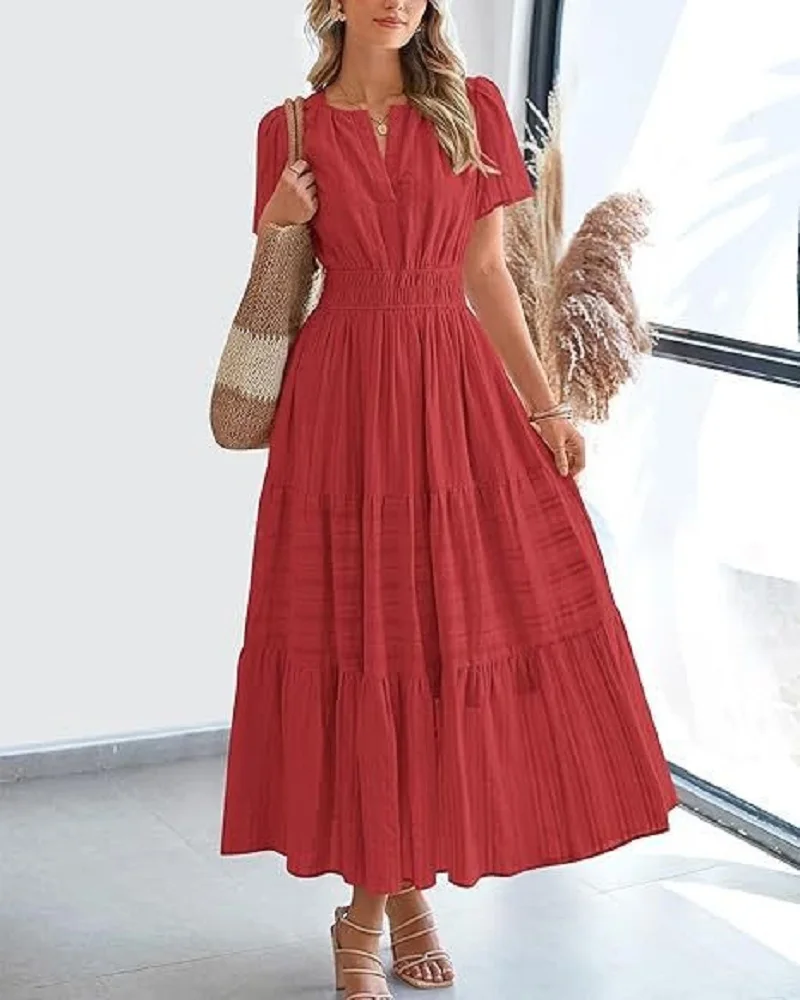 Summer Solid Color V-neck Tight Waist Dress French Style Elegant Pleated Large Swing Long Dress Casual Vacation Style Slimming M - Image 4