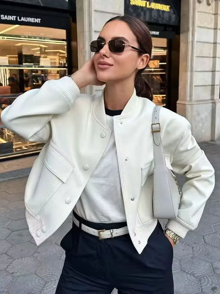Women Fashion With Pockets Bomber Jacket Coats Vintage Long Sleeve Front Button Casual Female Outerwear Chic Tops - Image 2