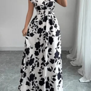 Summer Fashion Floral Printed Short Sleeve Maxi Dress Elegant Women's V-neck High-waisted Casual Loose Beach Long Dresses Robe