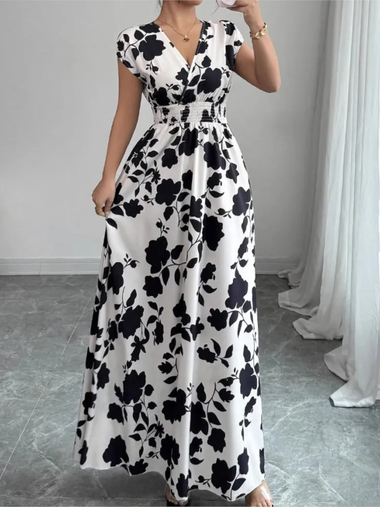 Summer Fashion Floral Printed Short Sleeve Maxi Dress Elegant Women's V-neck High-waisted Casual Loose Beach Long Dresses Robe