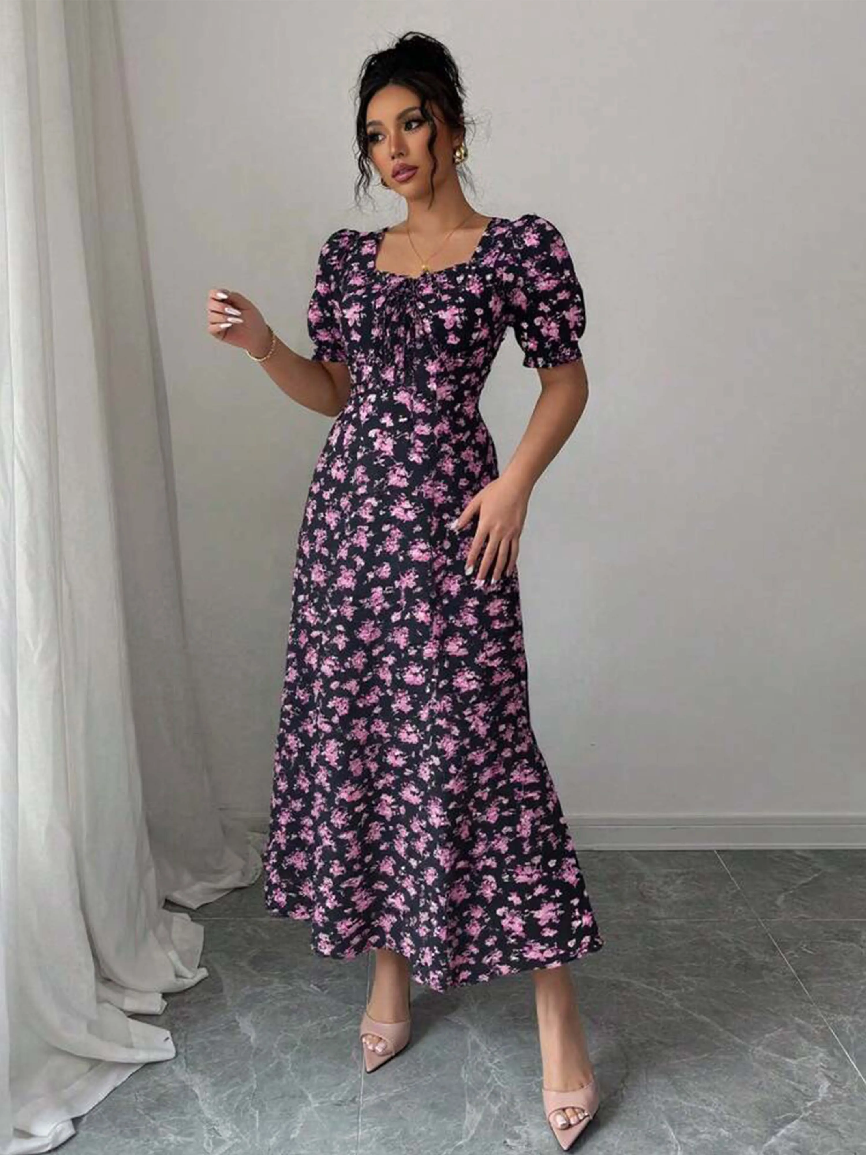 Women's Summer Maxi Dress Elegant Casual Puff Sleeve Square Neck Black Floral Print Long Evening Gown for Women - Image 5