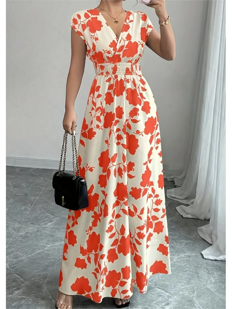 Summer Fashion Floral Printed Short Sleeve Maxi Dress Elegant Women's V-neck High-waisted Casual Loose Beach Long Dresses Robe - Image 5