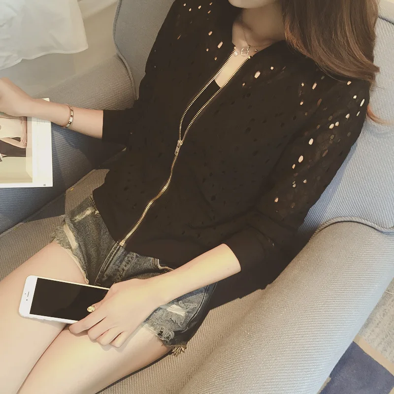 Women Spring/Autumn Cotton Lace Hollow Out Sport Jacket Long Sleeve Thin Sunscreen Outerwear Short Style Breathable Bomber Coats - Image 5