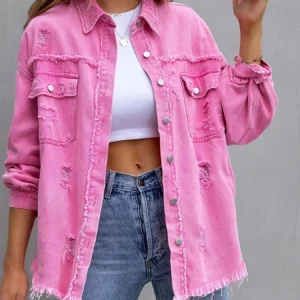 New Solid Colour Mid-length Hole Long-Sleeved Denim Jacket Denim Jacket Women