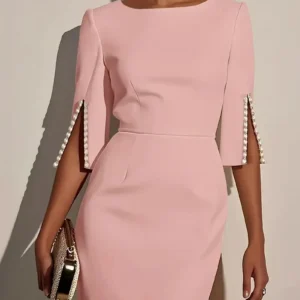 Women's Solid Color Pencil Midi Dress - Pearl Embellished Half Sleeve O-Neck Elegant Office Wear