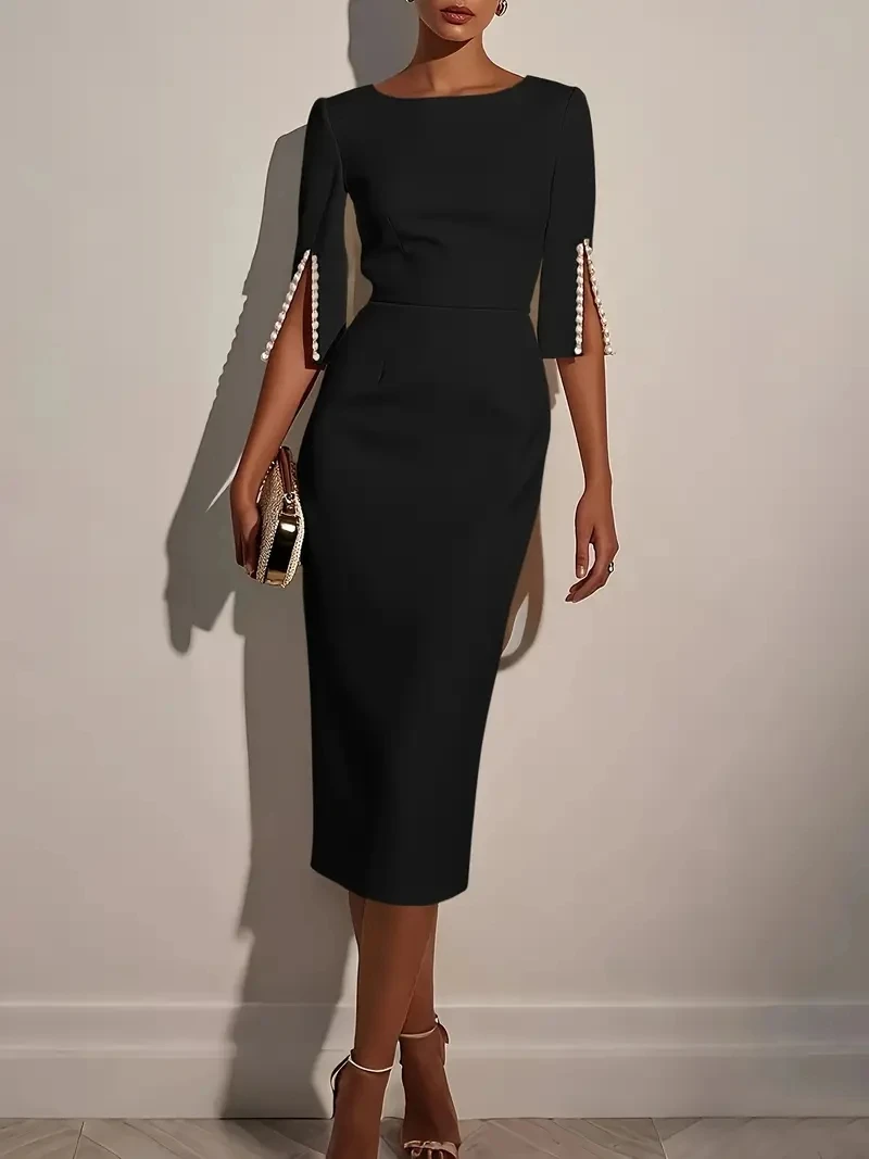 Women's Solid Color Pencil Midi Dress - Pearl Embellished Half Sleeve O-Neck Elegant Office Wear - Image 5