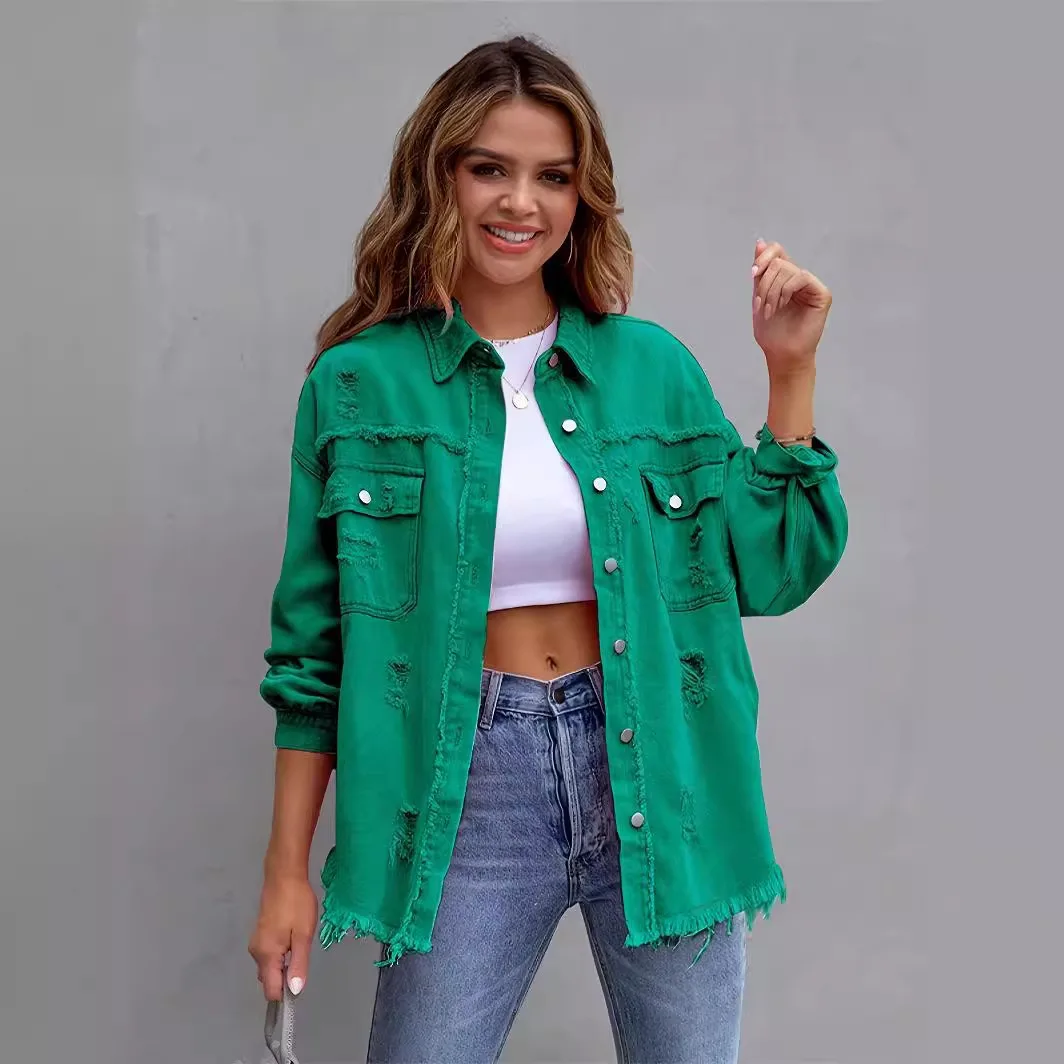 New Solid Colour Mid-length Hole Long-Sleeved Denim Jacket Denim Jacket Women - Image 2