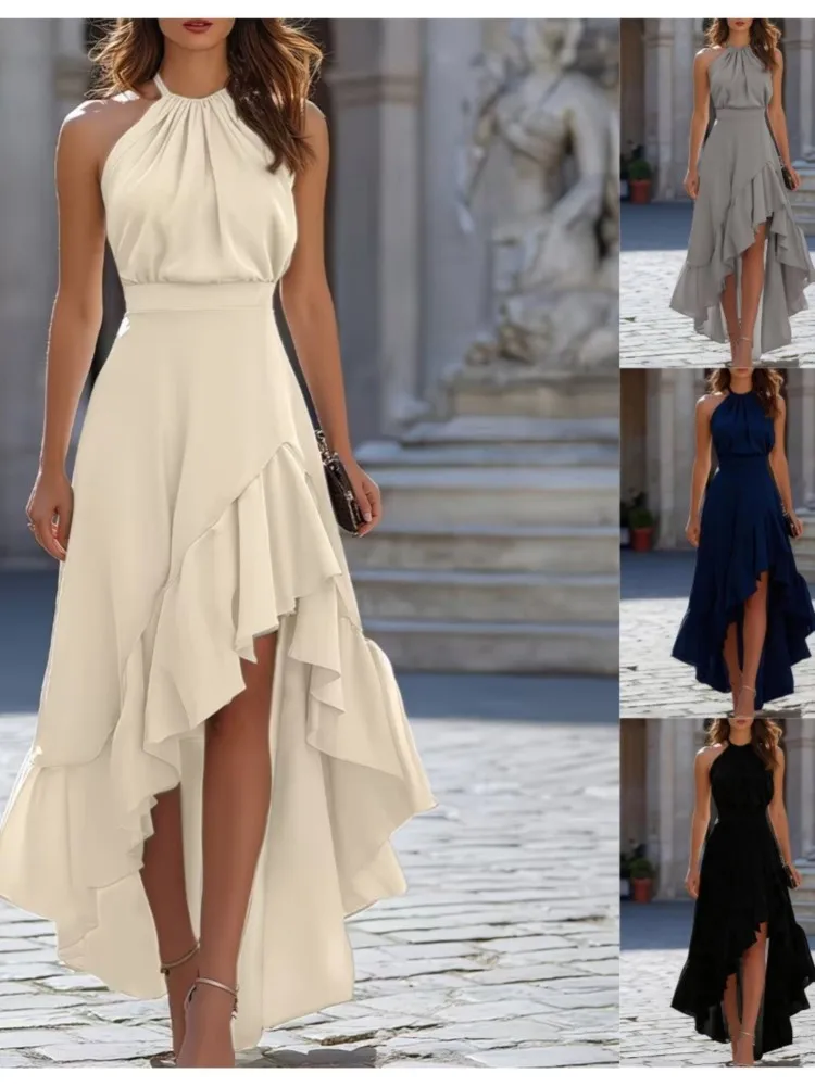 2026 Summer Dresses Women's Sleeveless Halter Neck High Low Dress for Women with Ruffled Asymmetrical Hem Elegant Party Dresses - Image 2
