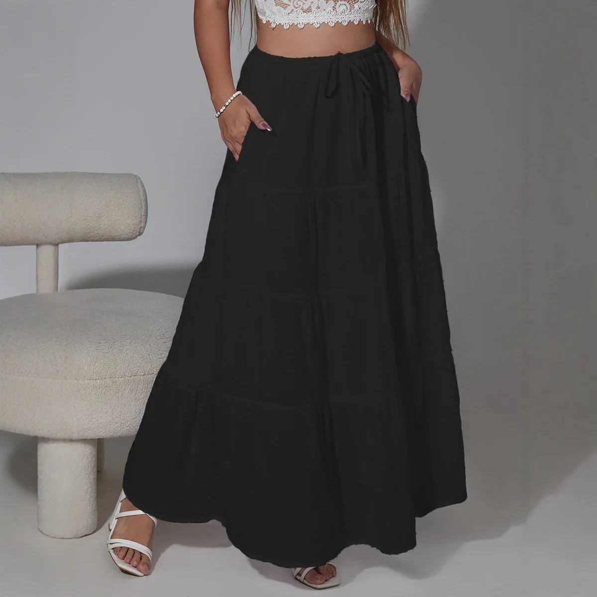 2026 Autumn Comfortable Commuting Women's Drawstring Adjustable Skirt High Waist Elastic Four-Section Long Skirt for Women - Image 2
