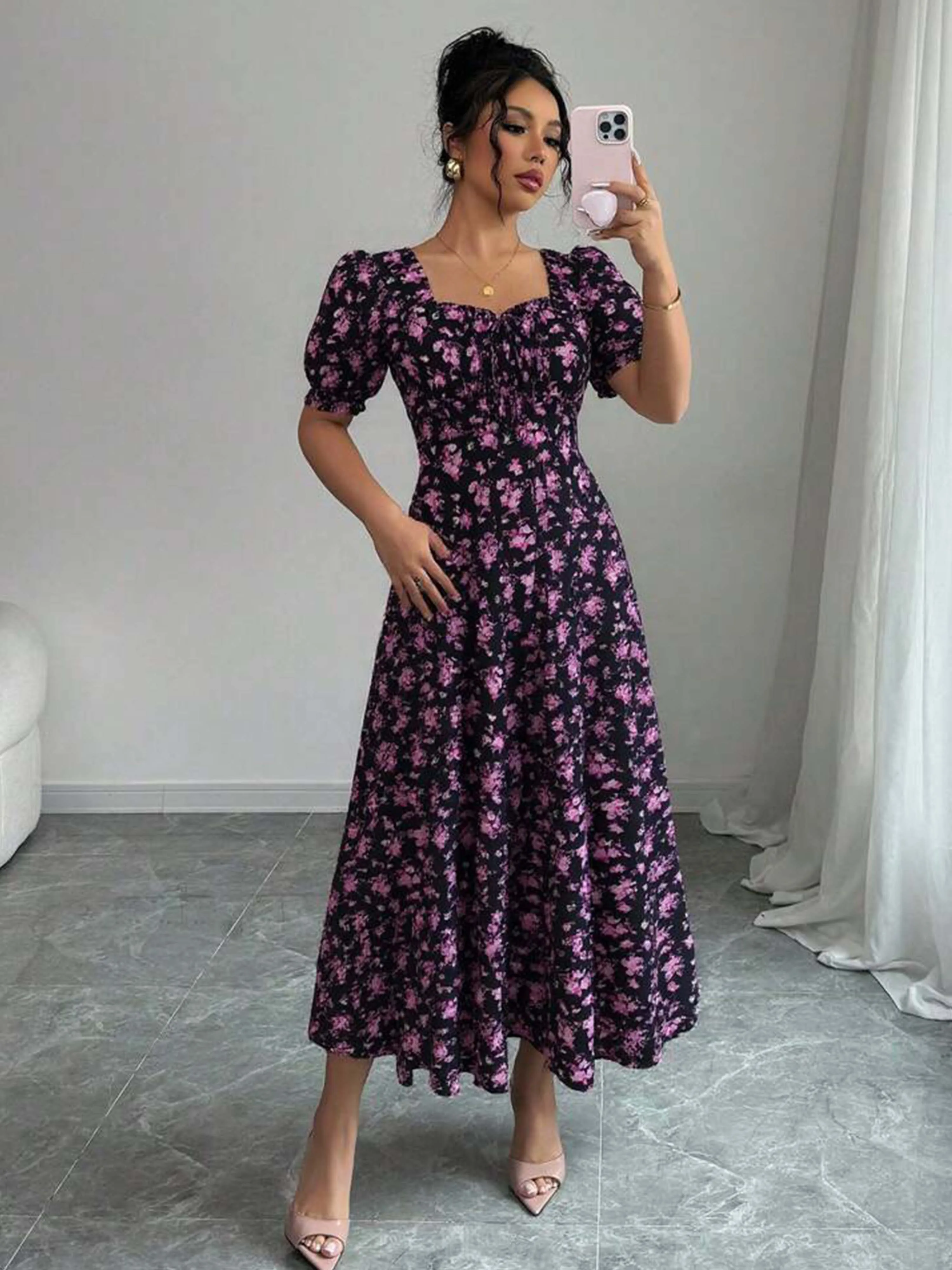 Women's Summer Maxi Dress Elegant Casual Puff Sleeve Square Neck Black Floral Print Long Evening Gown for Women - Image 3
