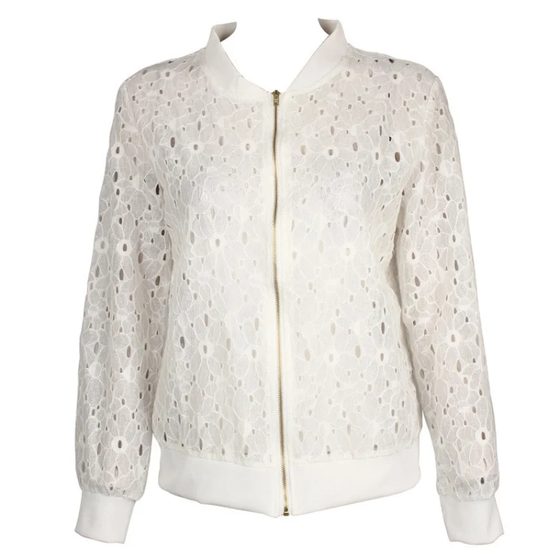Women Spring/Autumn Cotton Lace Hollow Out Sport Jacket Long Sleeve Thin Sunscreen Outerwear Short Style Breathable Bomber Coats - Image 3