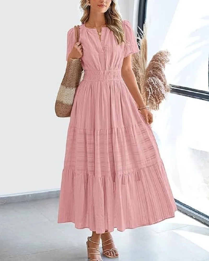 Summer Solid Color V-neck Tight Waist Dress French Style Elegant Pleated Large Swing Long Dress Casual Vacation Style Slimming M - Image 3