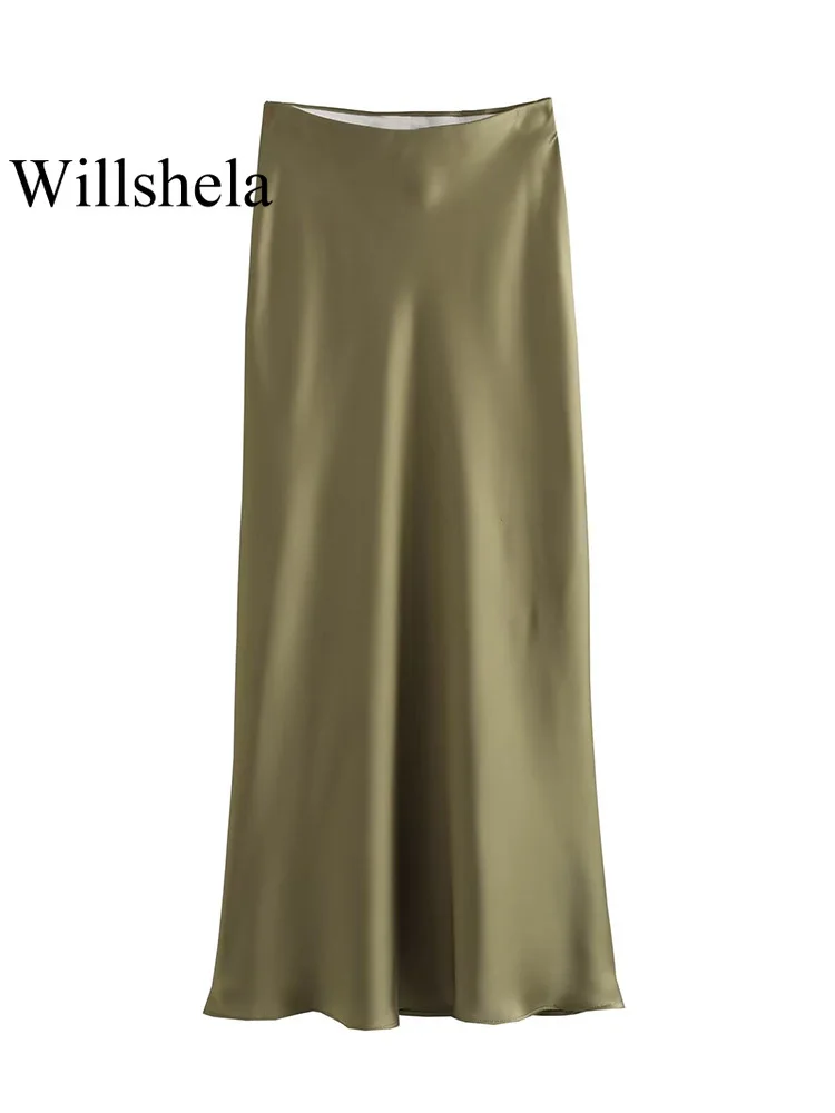 Willshela 2024 Black Satin Skirt Woman High Waist Elegant Long Skirts For Women Fashion Summer Midi Skirt Office Women's Skirts - Image 6