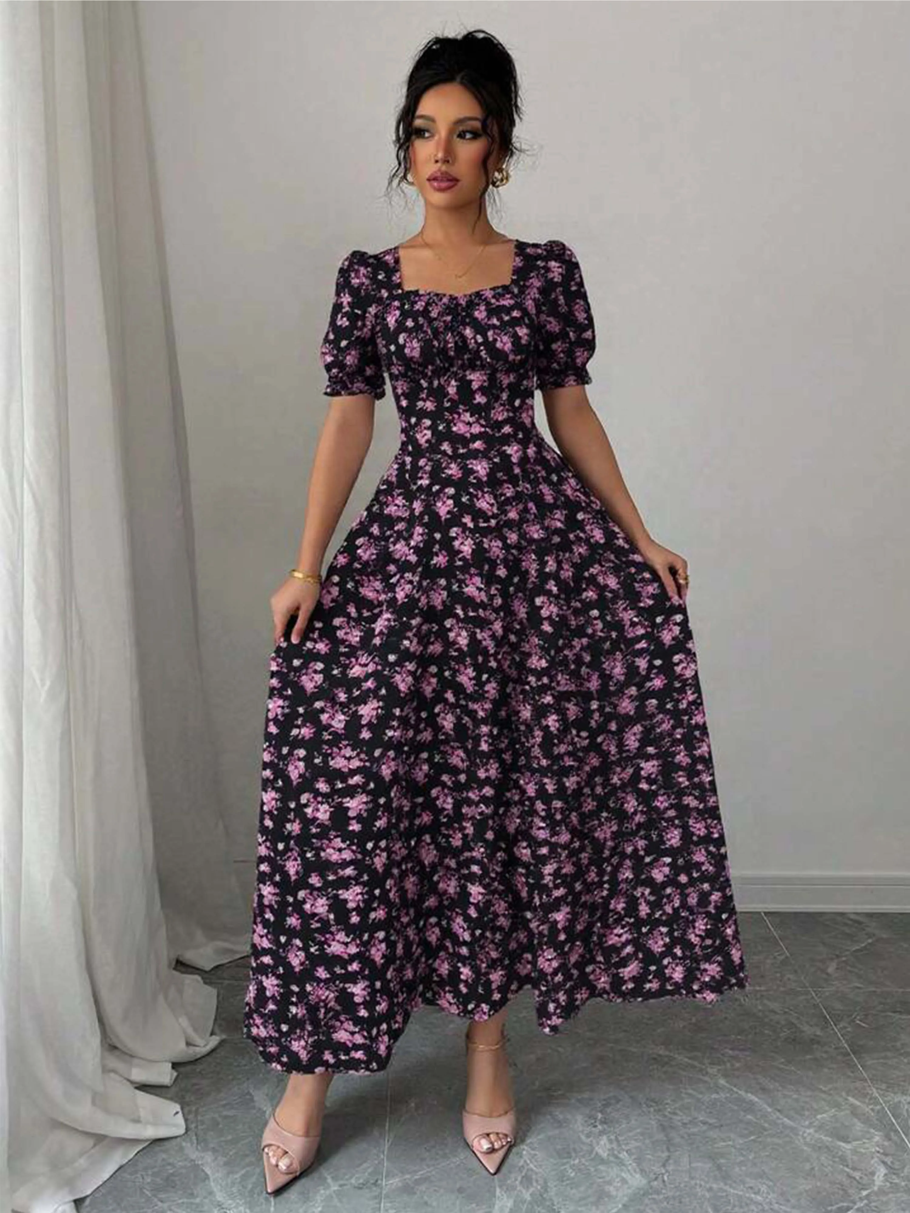 Women's Summer Maxi Dress Elegant Casual Puff Sleeve Square Neck Black Floral Print Long Evening Gown for Women - Image 4