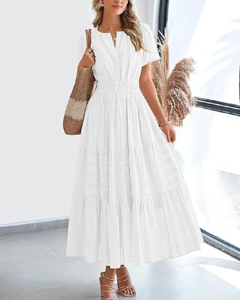 Summer Solid Color V-neck Tight Waist Dress French Style Elegant Pleated Large Swing Long Dress Casual Vacation Style Slimming M