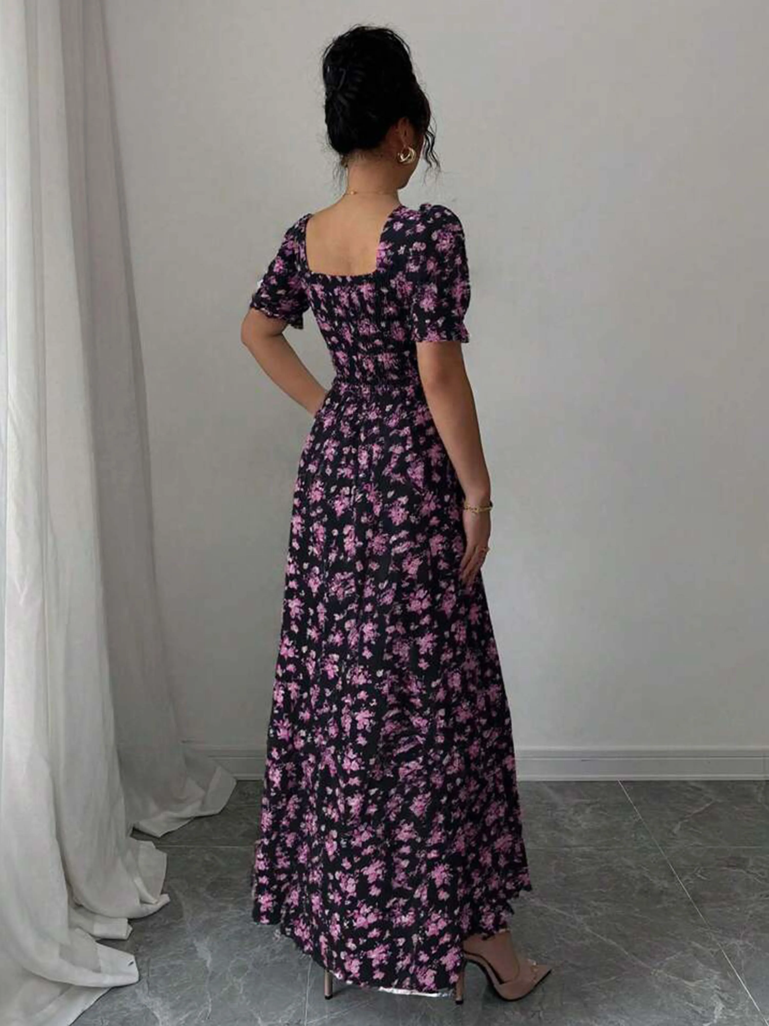 Women's Summer Maxi Dress Elegant Casual Puff Sleeve Square Neck Black Floral Print Long Evening Gown for Women - Image 2