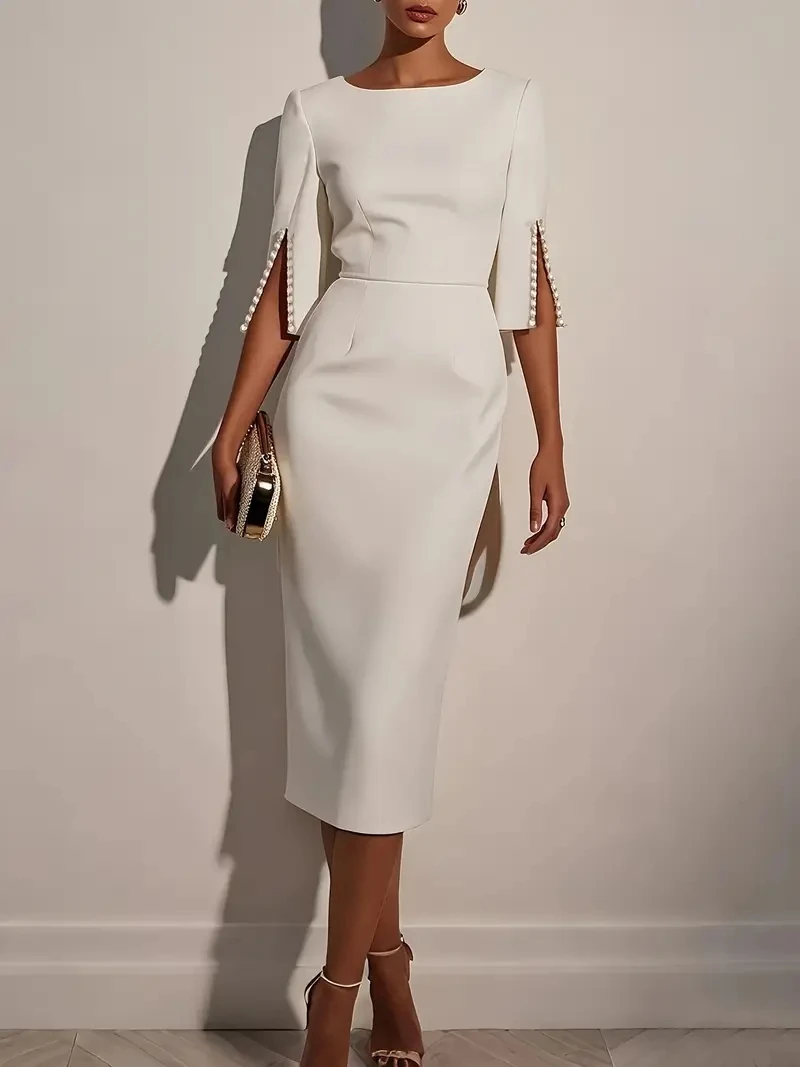 Women's Solid Color Pencil Midi Dress - Pearl Embellished Half Sleeve O-Neck Elegant Office Wear - Image 2