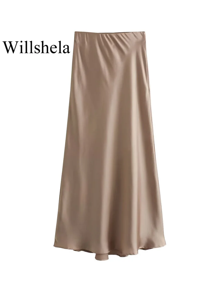 Willshela 2024 Black Satin Skirt Woman High Waist Elegant Long Skirts For Women Fashion Summer Midi Skirt Office Women's Skirts - Image 4