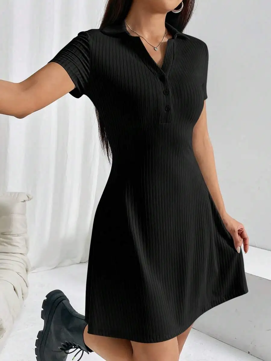Women's Solid Color Polo Collar Short Sleeve Dress Business Casual Short Dresses for Women Women's Summer Clothing - Image 3